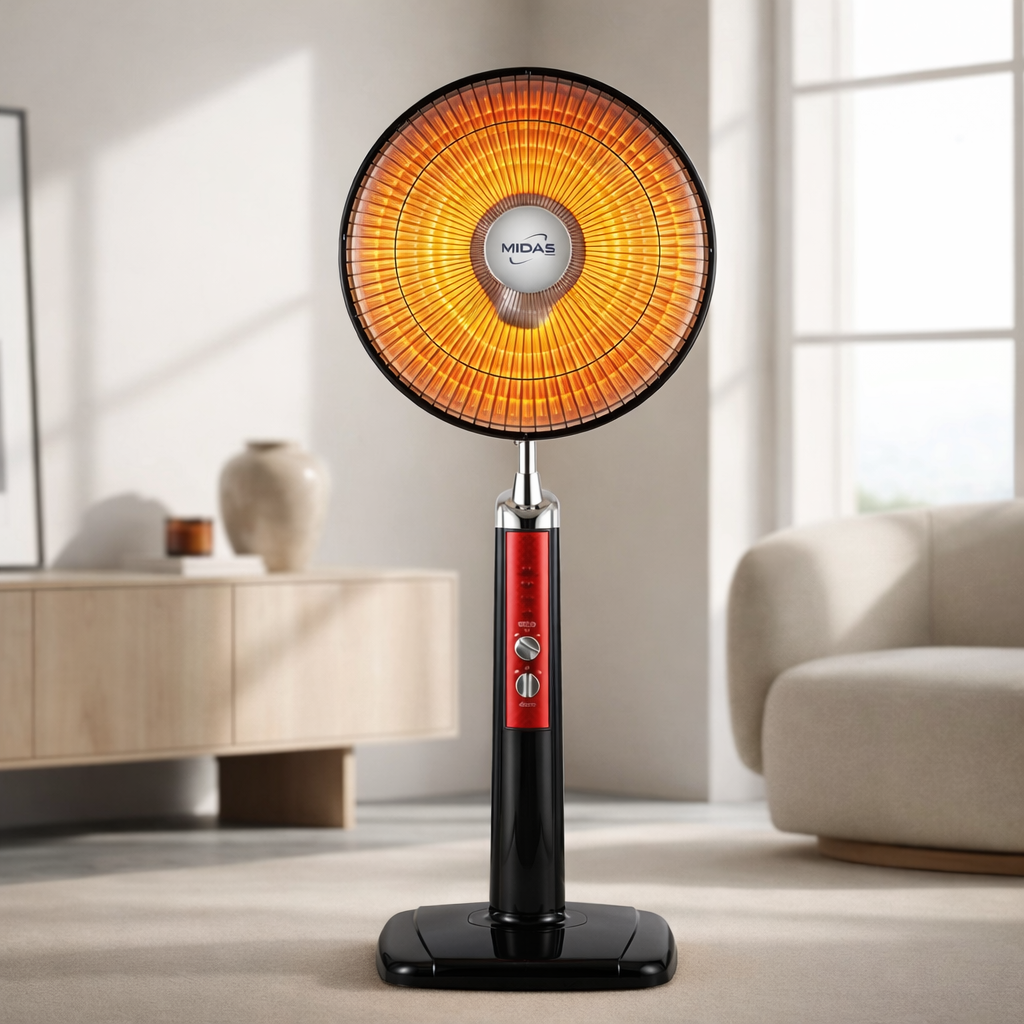 Portable heater with glowing orange light in a living room setting