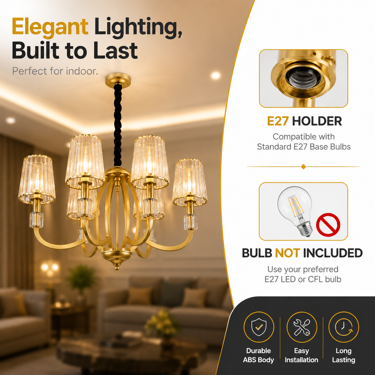 Gold chandelier with E27 holder and bulb compatibility information in a living room setting.