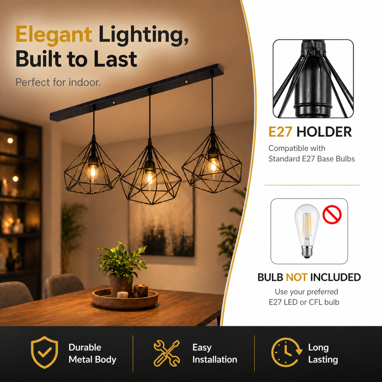 Ceiling light fixture with three hanging lights in a room setting, featuring text about durability, installation, and bulb compatibility.