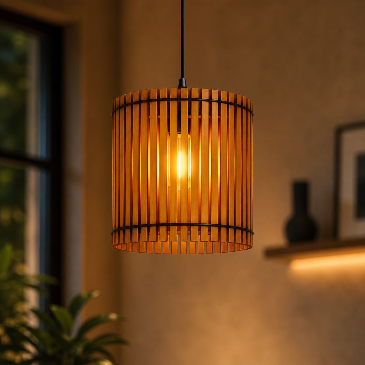 Wooden pendant light with warm glow in modern dining room