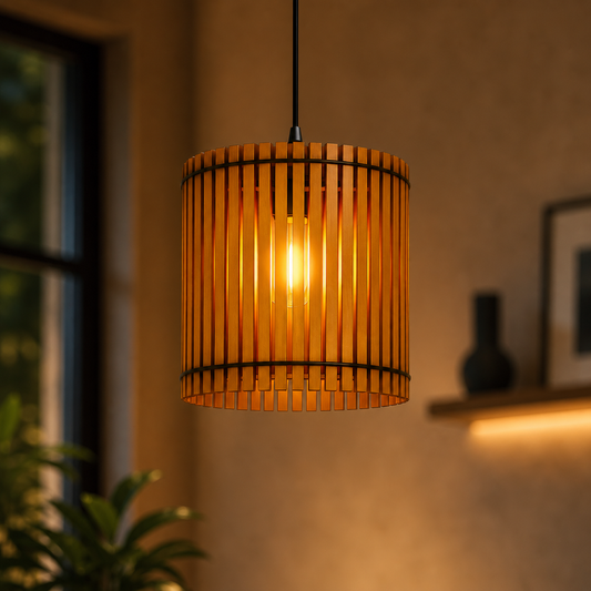 Wooden pendant light with warm glow in modern dining room