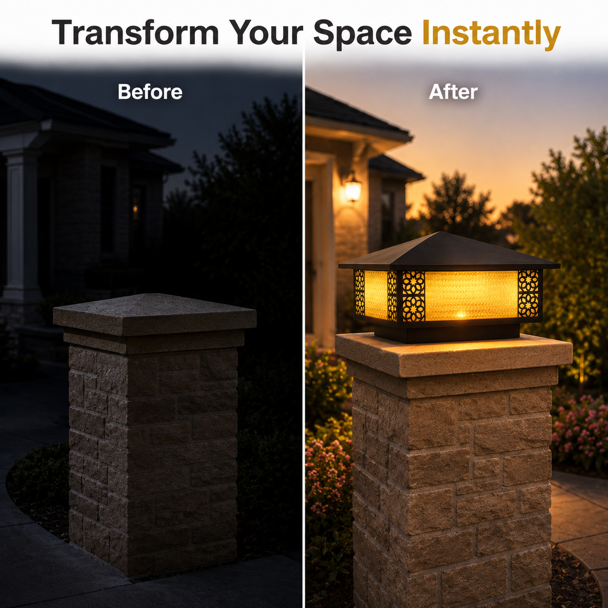 Before and after comparison of a stone pillar with a light fixture, showing the transformation in lighting.