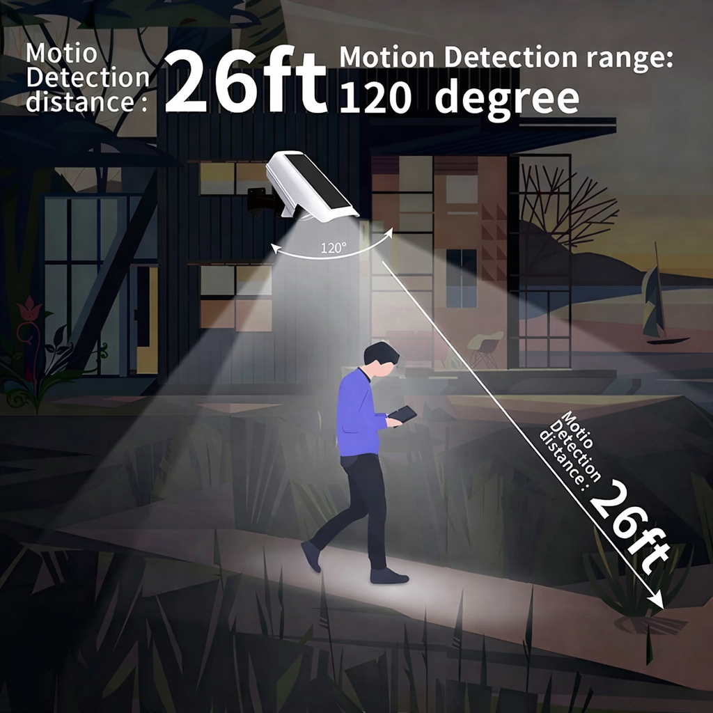 Illustration of a security camera with motion detection range showing 26 feet and 120-degree coverage.