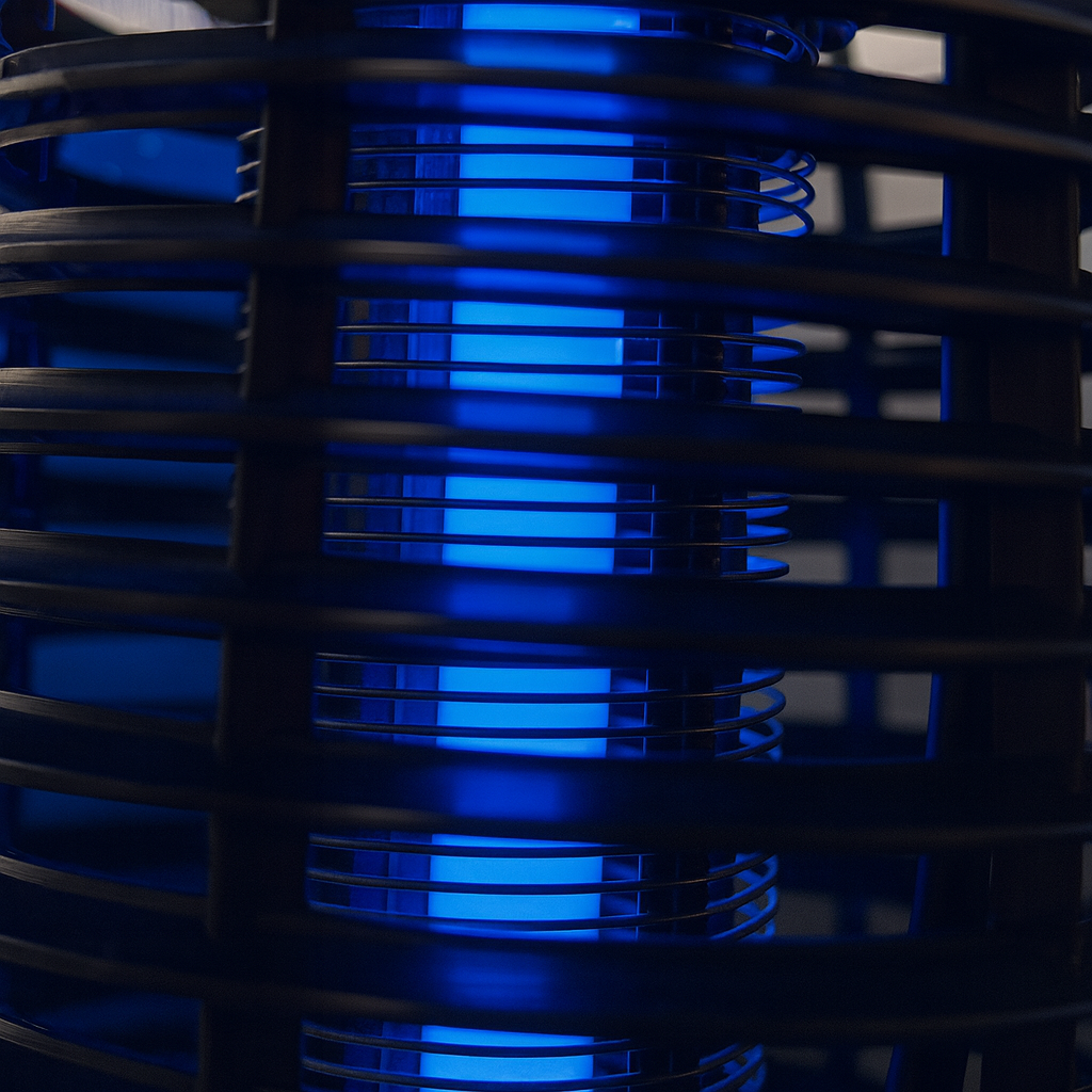 “Close-up view of insect killer lamp showing glowing blue UV light tube behind protective black grid.”
