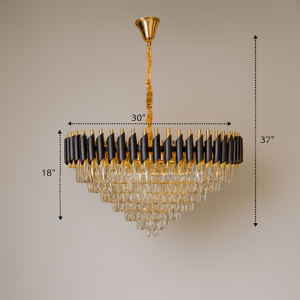 Designer 760mm chandelier with gold frame and layered crystal tiers