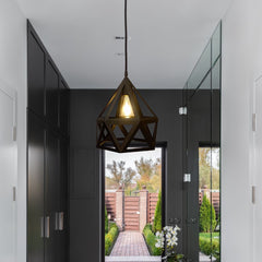   "Modern black geometric pendant light with polygonal metal cage design