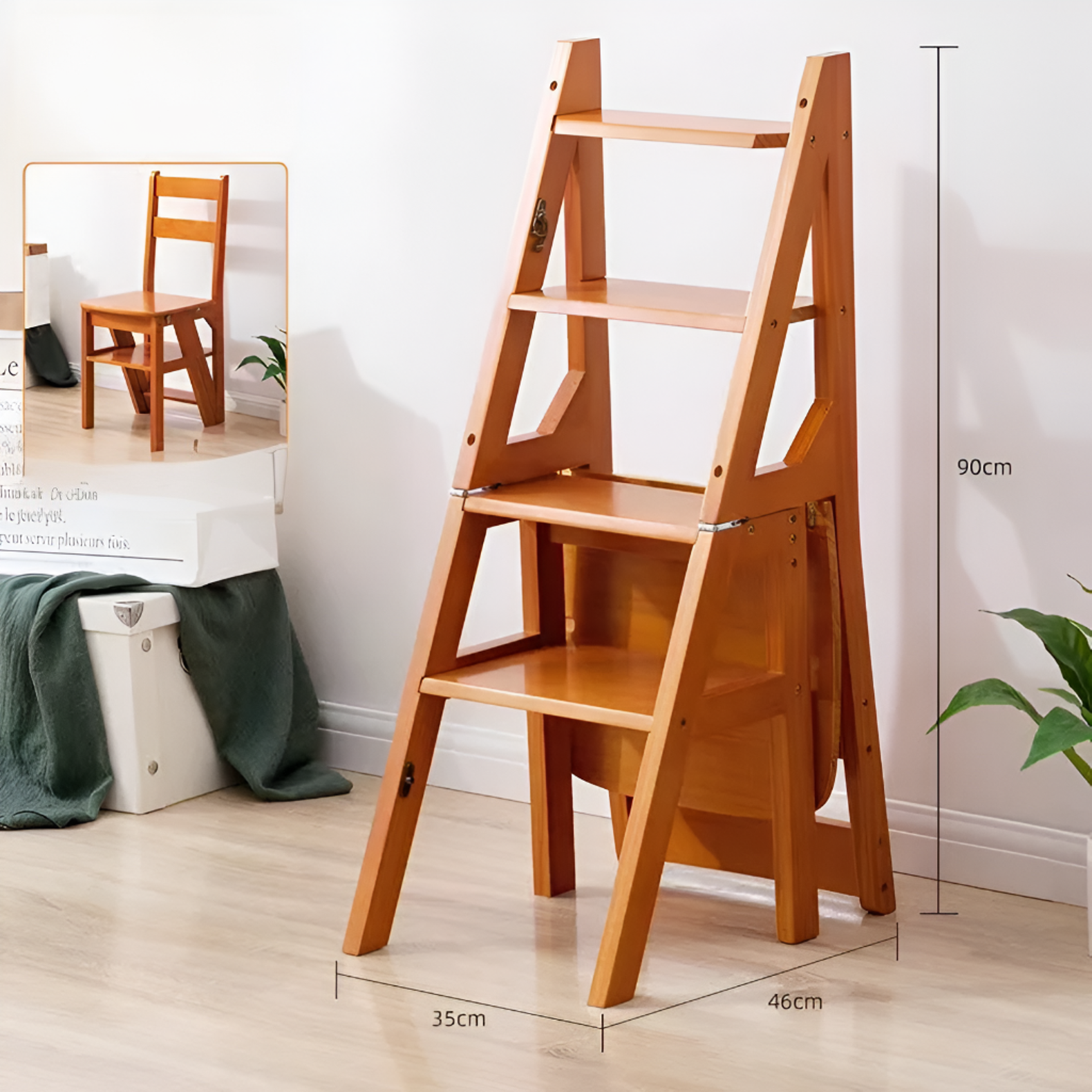 Solid Wood Ladder Chair Foldable Dual-Purpose Step Stool Indoor Climbi ...