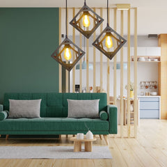 Modern black geometric pendant light with metal cage and Edison bulb