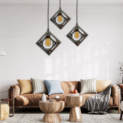 Modern black geometric pendant light with metal cage and Edison bulb