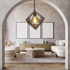 Modern black geometric pendant light with metal cage and Edison bulb