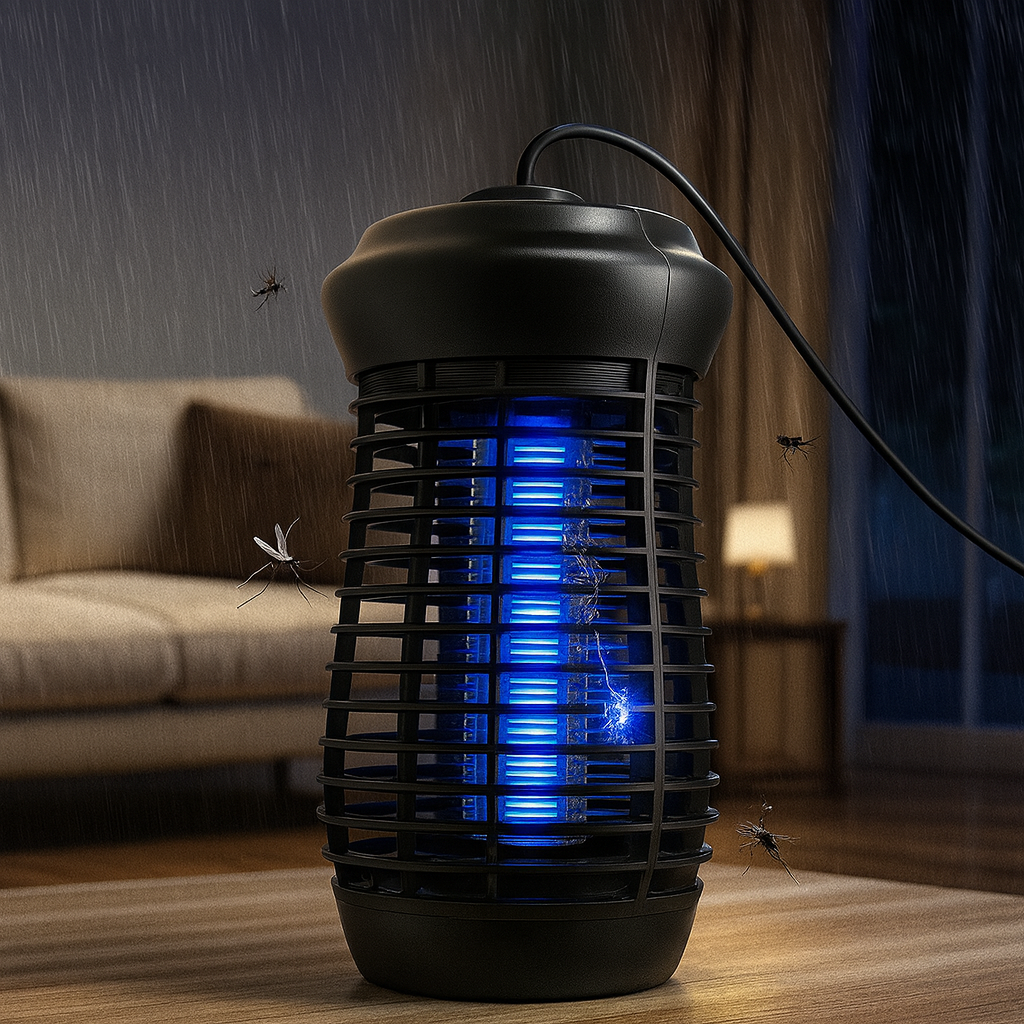 Indoor mosquito zapper lamp placed in a modern bedroom
