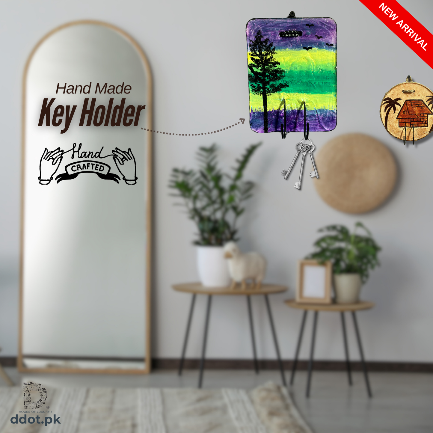 “Rustic round wooden key holder with hand-painted landscape artwork.”