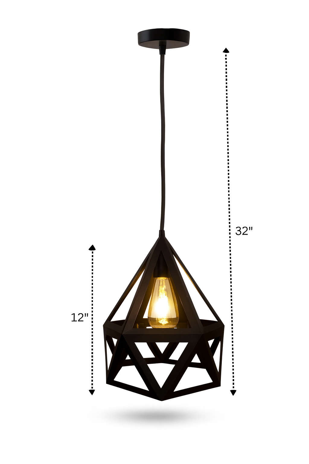 Modern geometric pendant light with bulb and dimension markings displayed.
