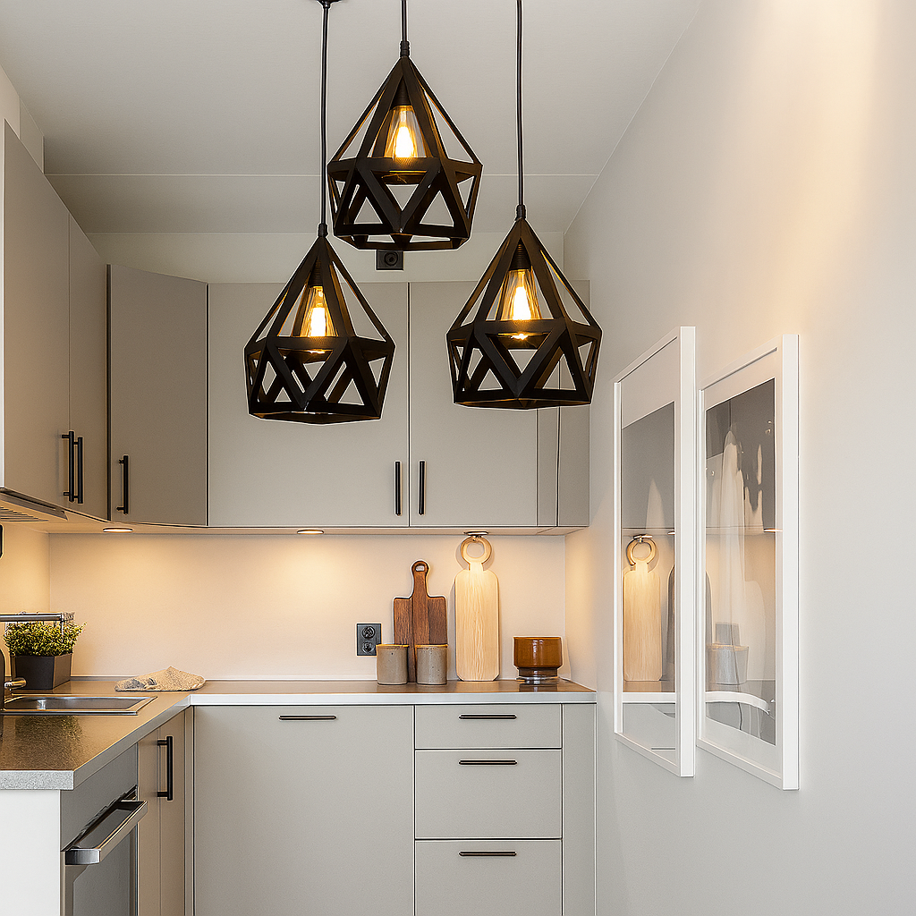 Modern geometric pendant lights illuminating a minimalist white kitchen interior.