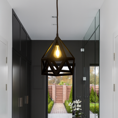 Modern hallway interior featuring a geometric pendant light and glass door.
