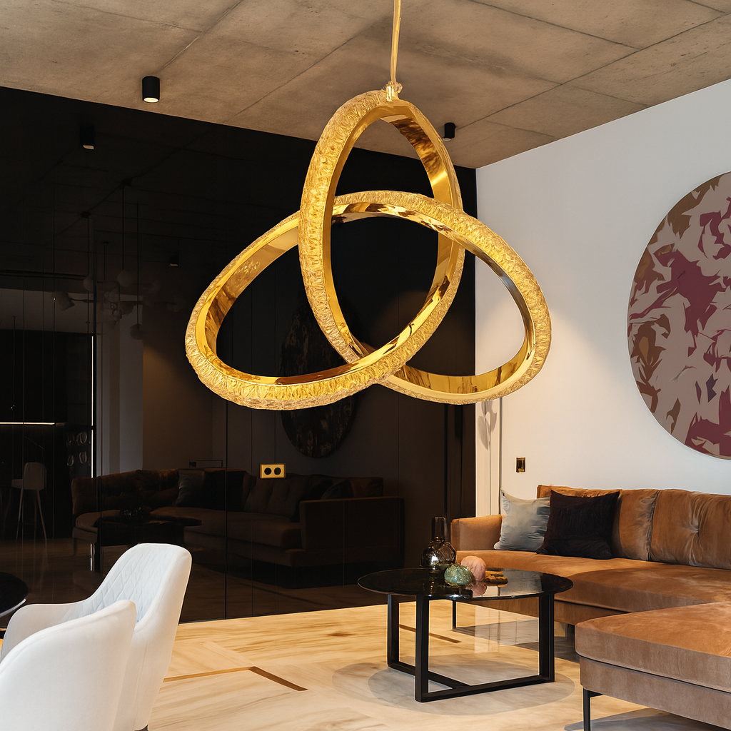 Modern living room with a gold circular chandelier, brown sectional sofa, and white armchair.