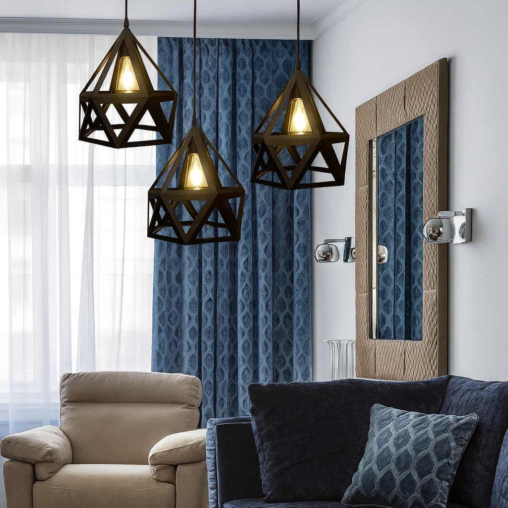 Modern living room with three geometric pendant lights and blue curtains.