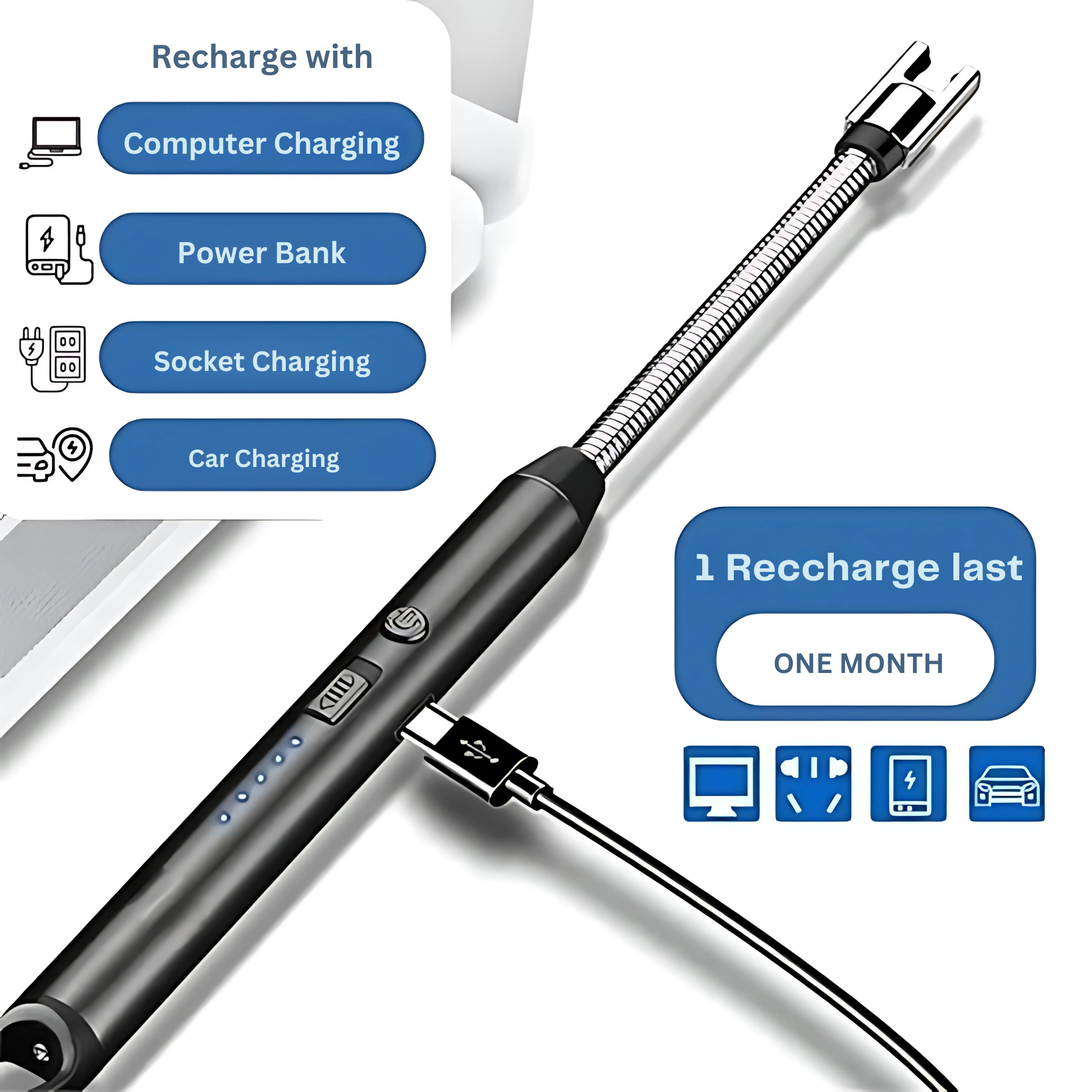 Electric Lighter Arc Windproof Flameless with 360° Flexible Neck & LED Power Display