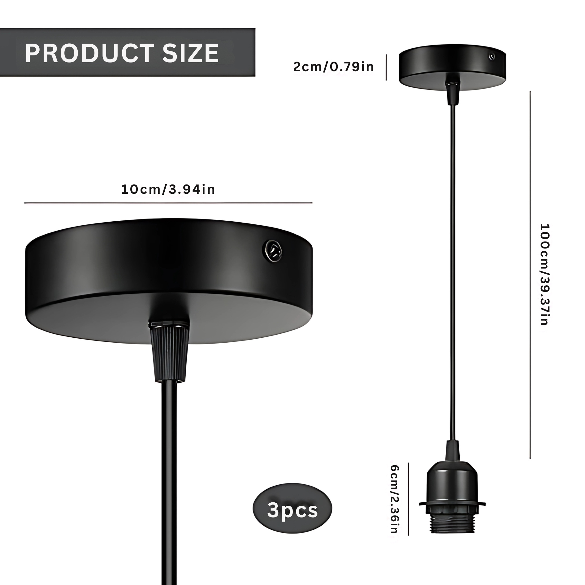 Lamp Holder E27 Black, Pendant Lights Accessories Adjustable Cable 1 m Metal Ceiling Light