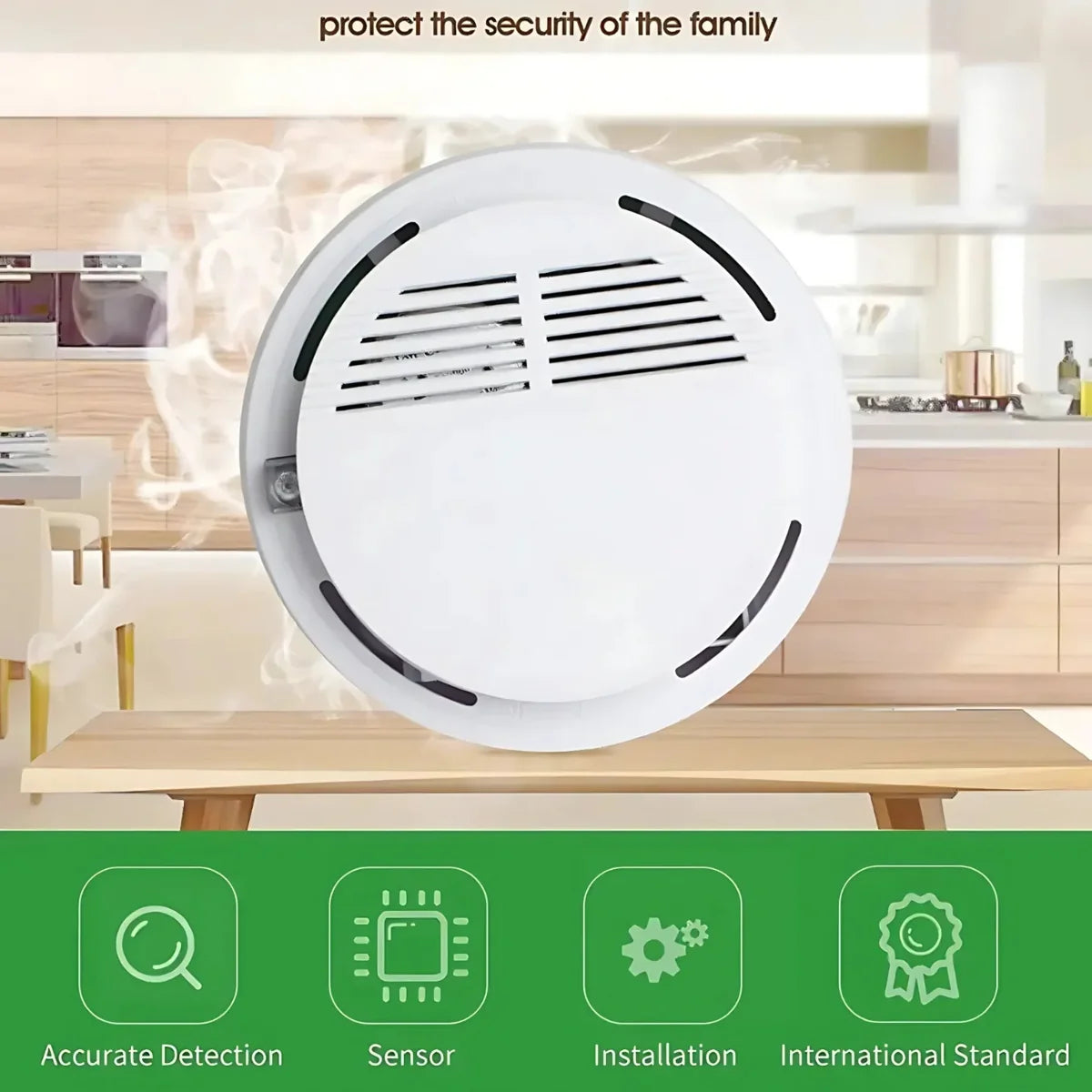 "Photoelectric smoke detector displayed in a modern kitchen environment with safety icons"
