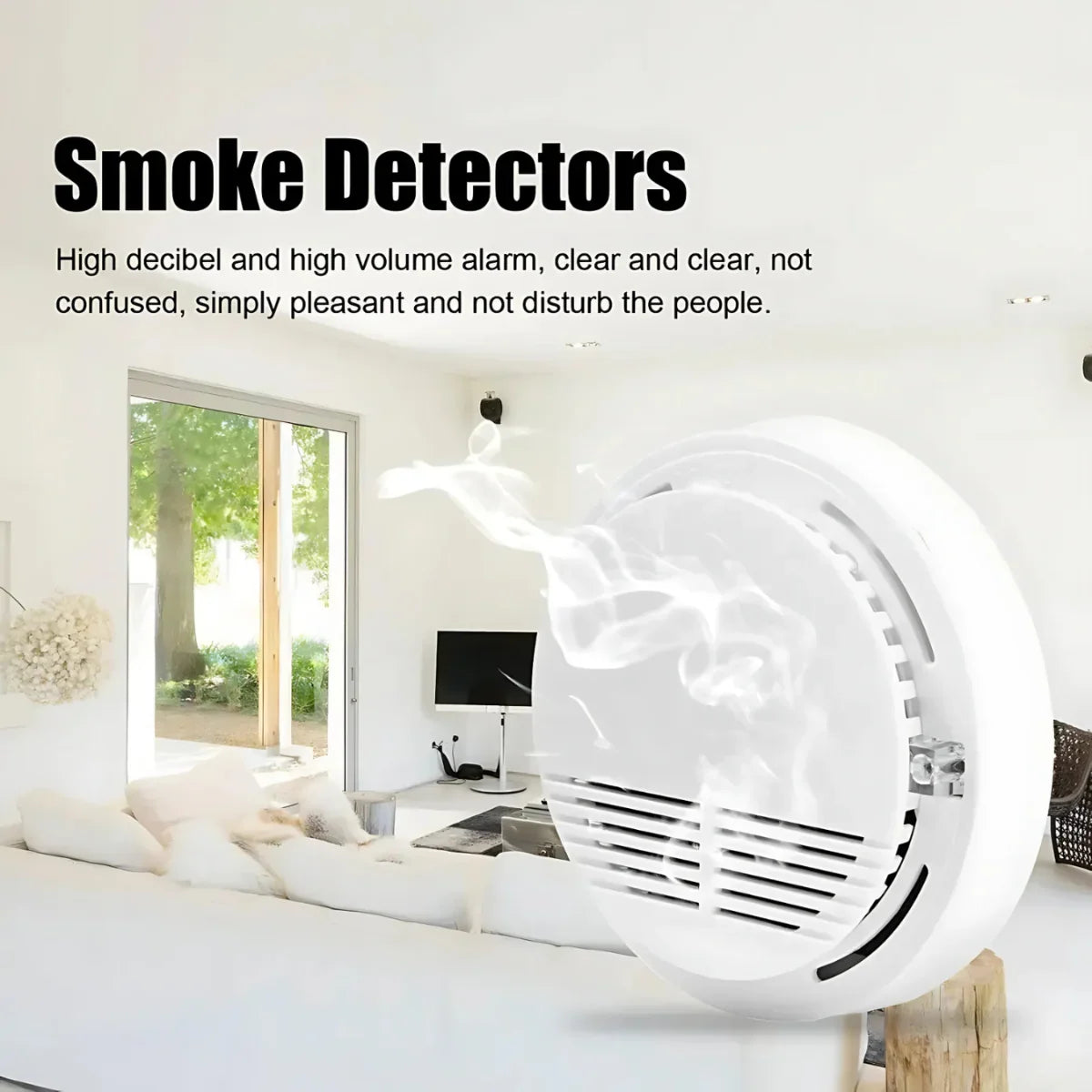 Smoke alarm detecting smoke in a bright living room for home fire protection