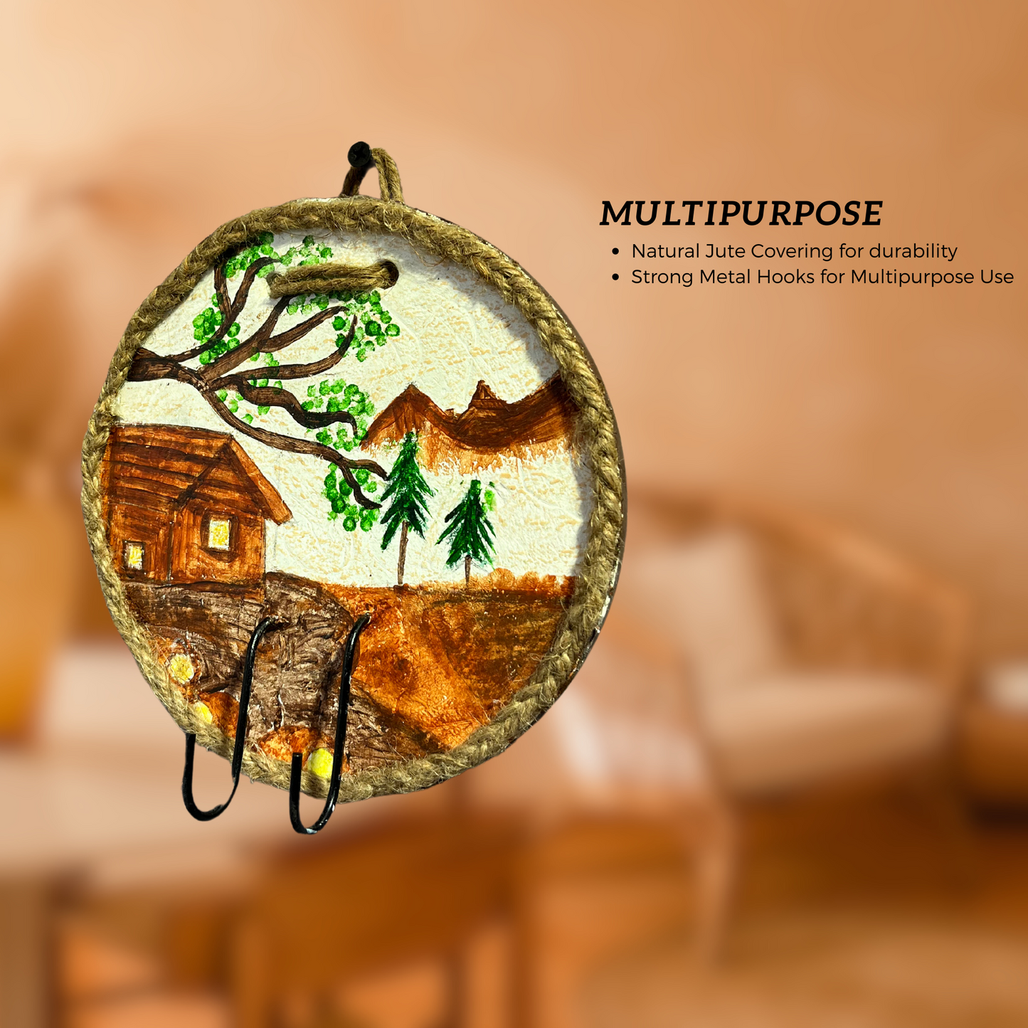 “Jute framed wooden key holder for entryway organization.”