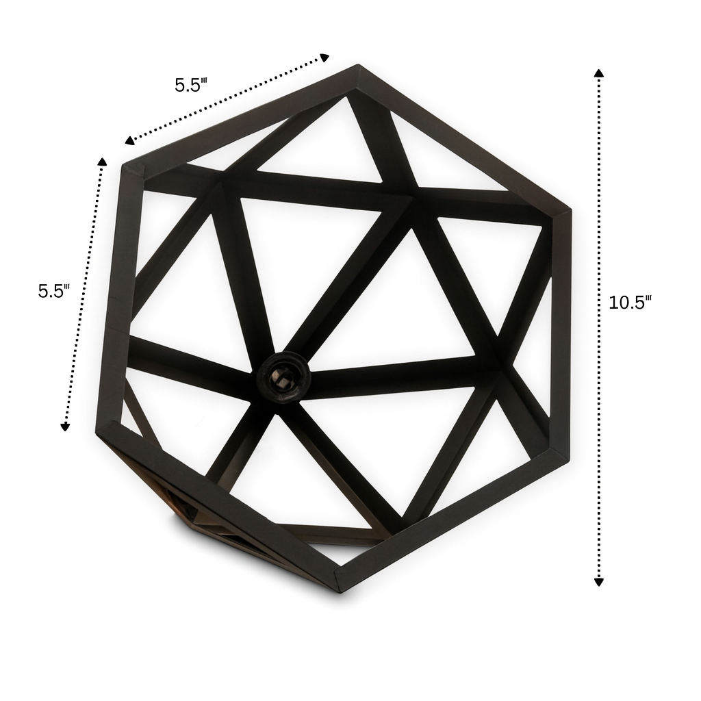 Top view of geometric black pendant light with metal frame design.