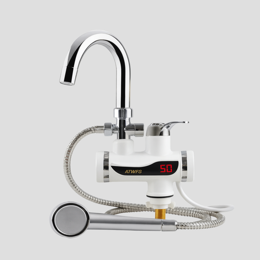Electric water heater with faucet and handheld shower on a light gray background