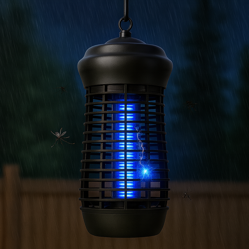 Waterproof electric bug killer lamp for outdoor use at night.