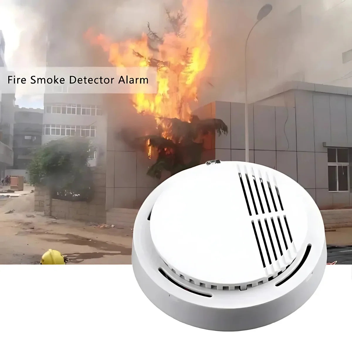 "Wireless Photoelectric Smoke Detector Alarm shown with fire safety background for home and office protection"
