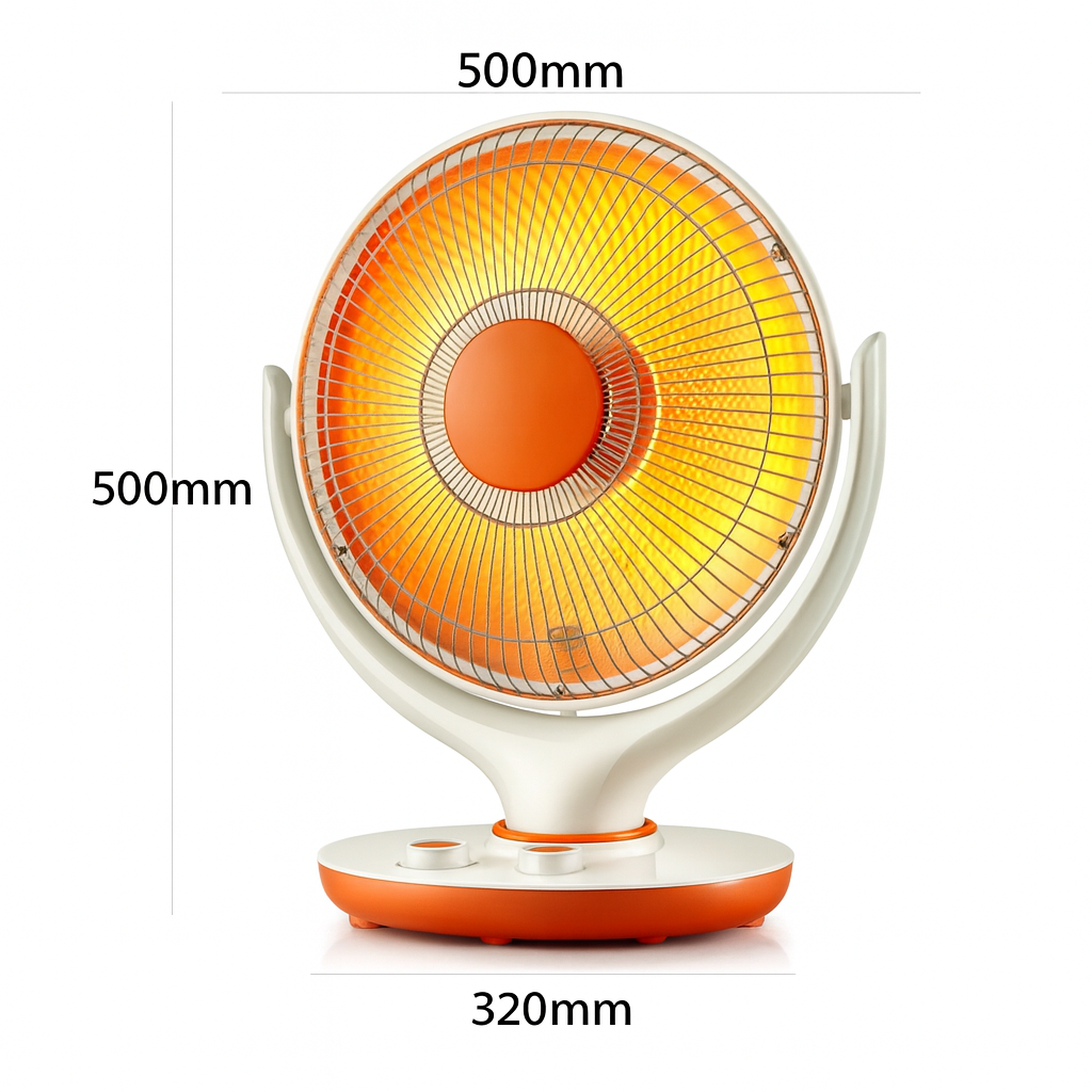 Small round orange and white heater with dimensions labeled on a white background