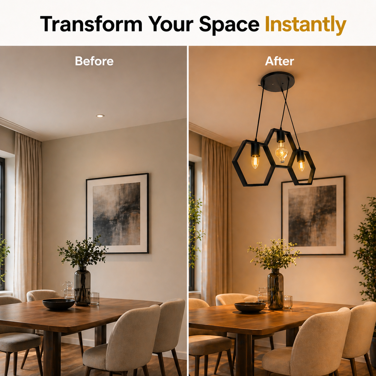 Before and after comparison of a dining room with a new chandelier.