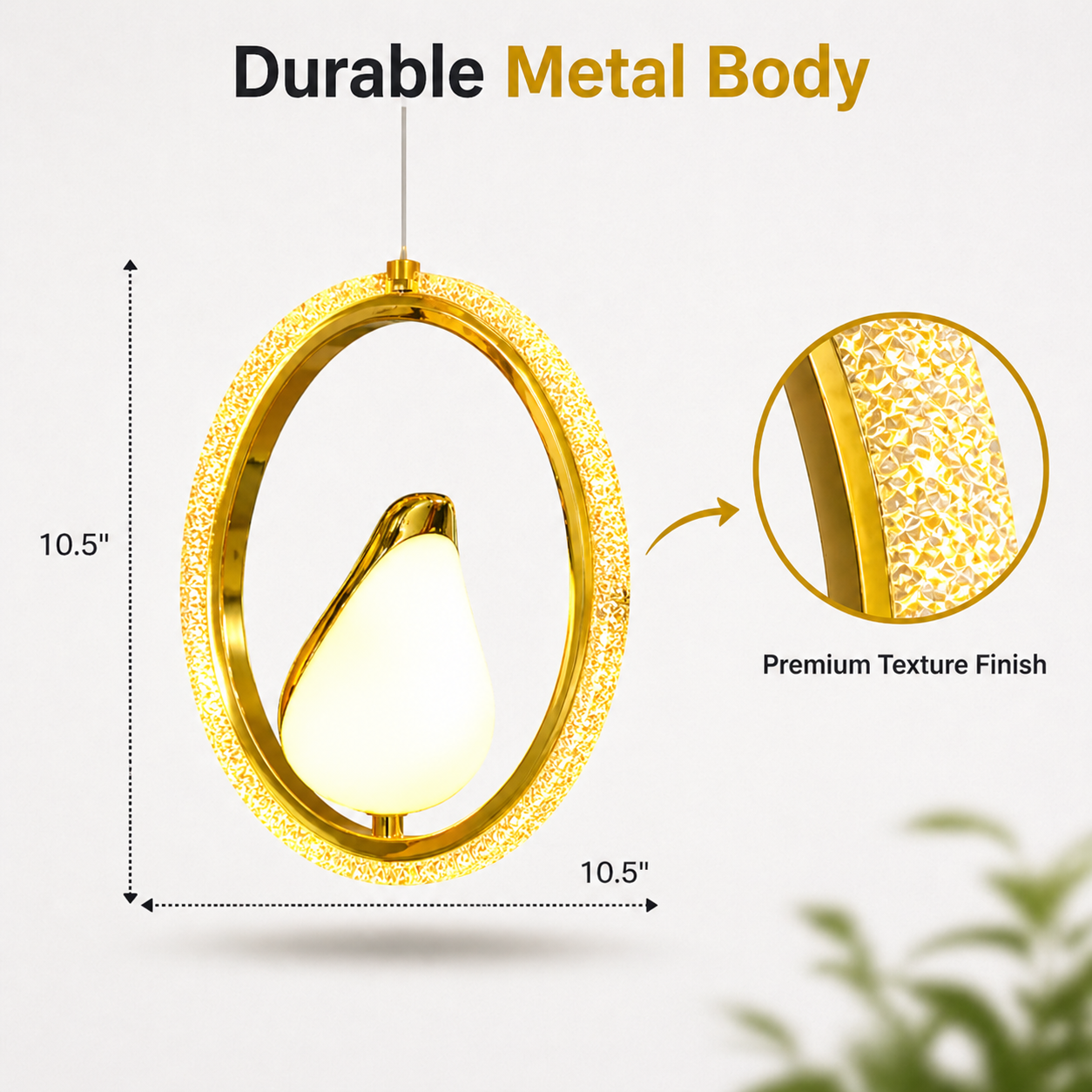 Gold pendant light with durable metal body and premium texture finish, shown with measurements and close-up detail.