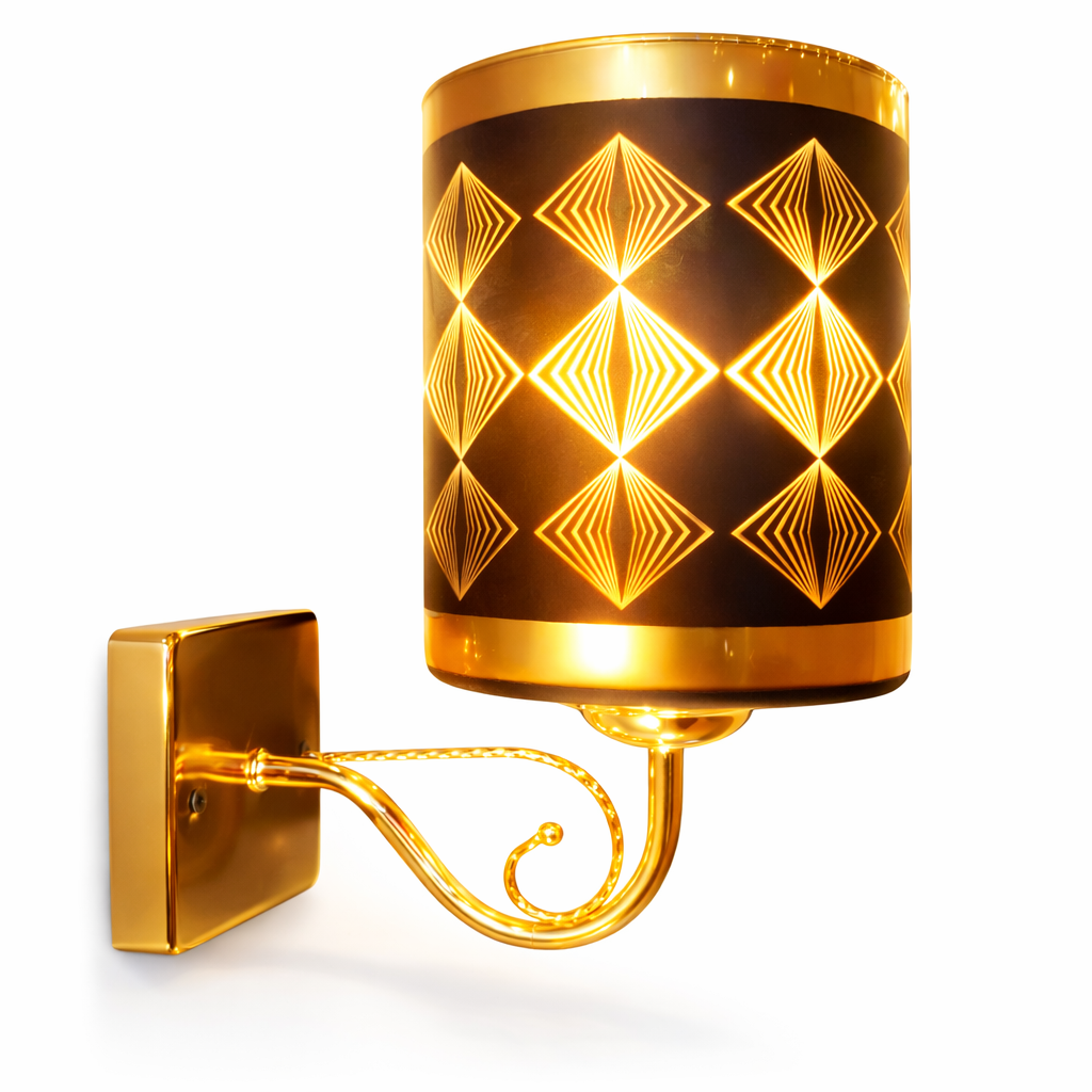 Decorative wall sconce with geometric pattern and gold accents on a white background