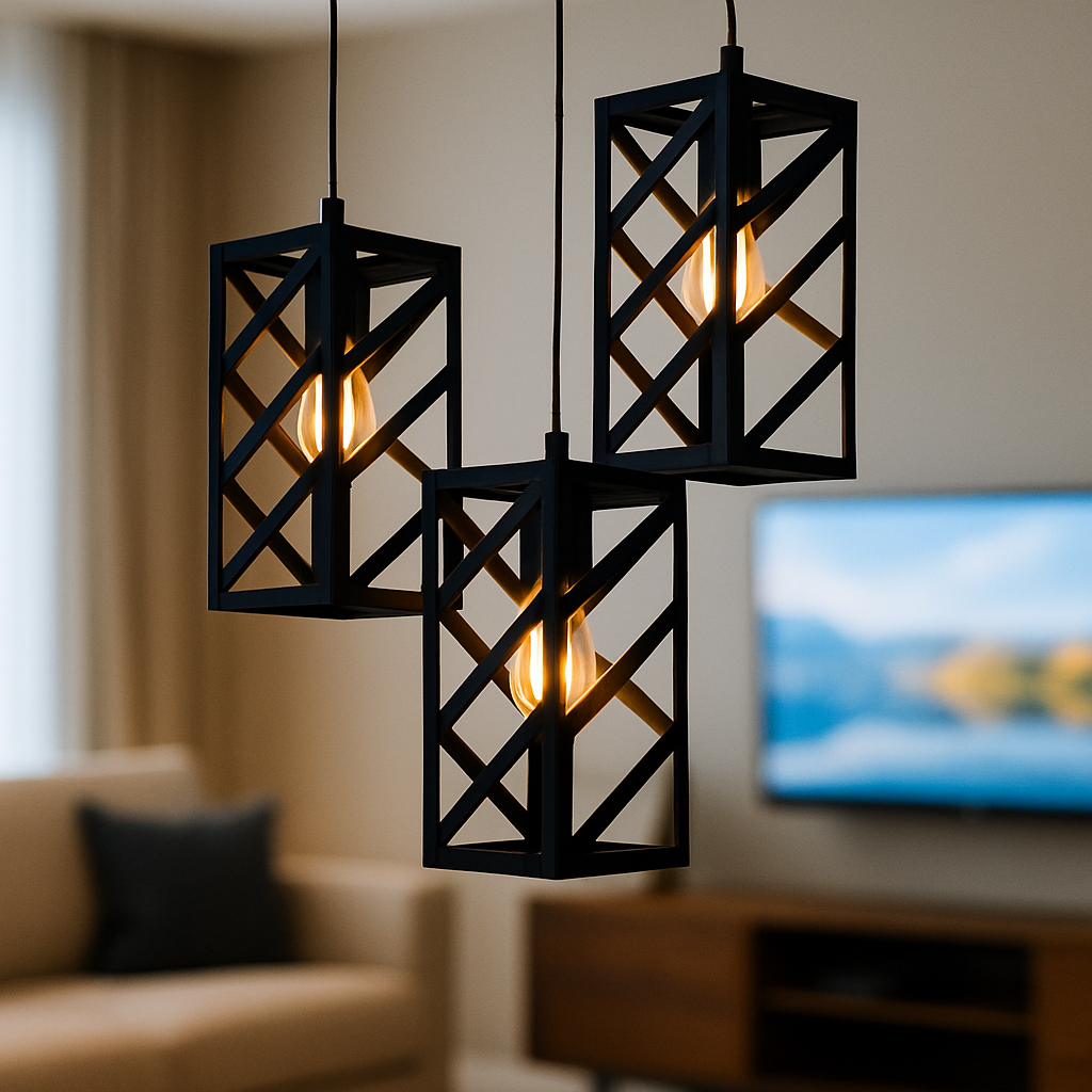 Three black geometric pendant lights hanging in a living room.