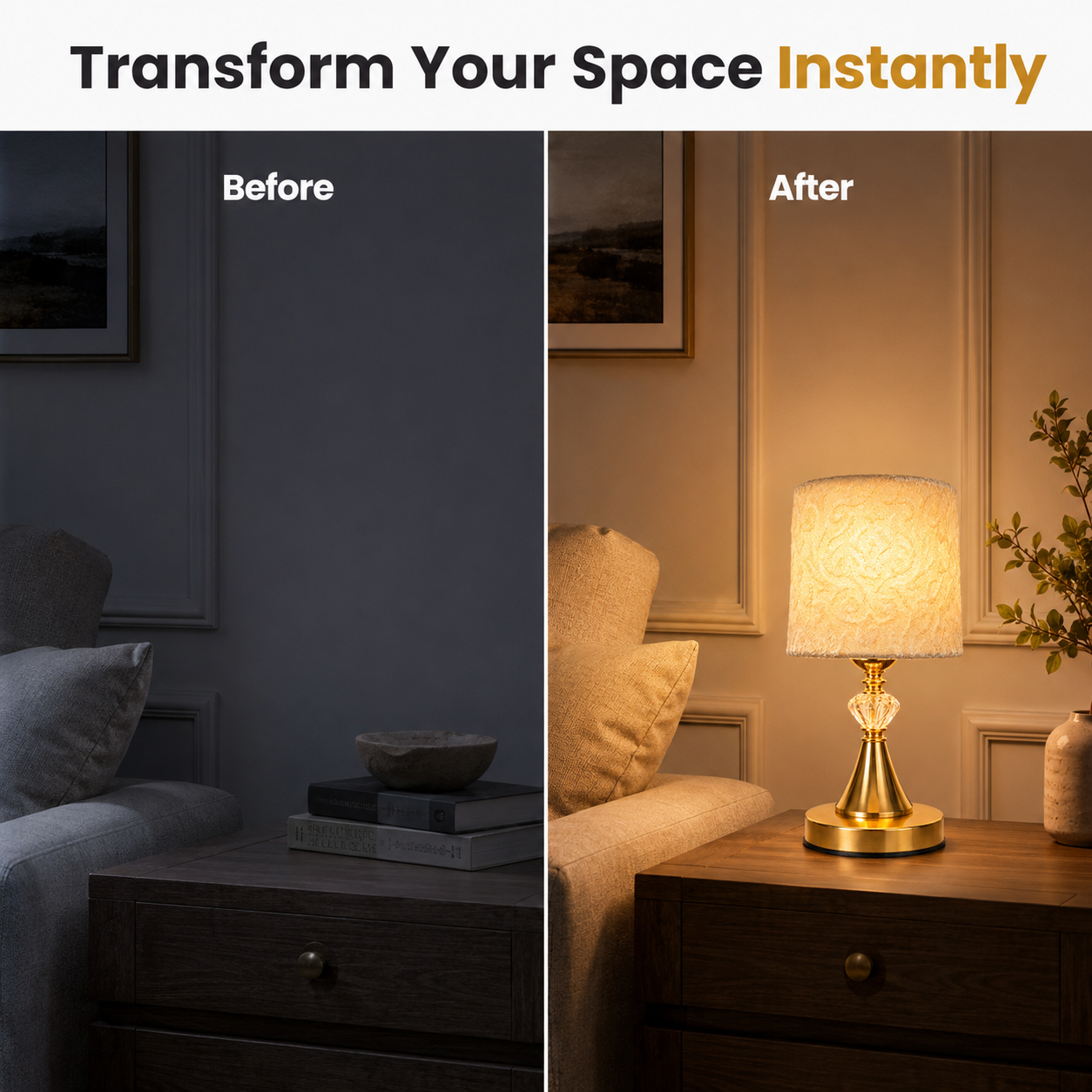 Before and after comparison of a dimly lit room with a lamp on a table, transforming the space.