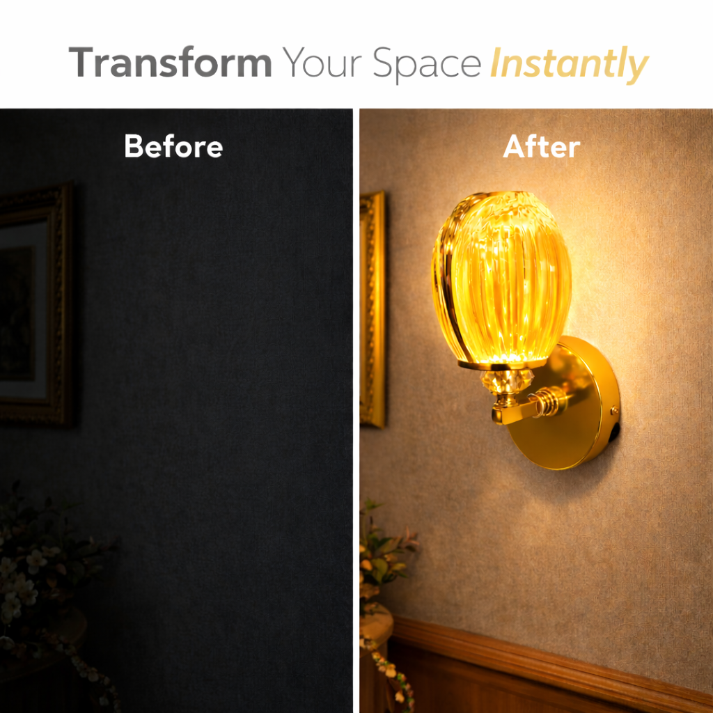 Close-up of golden metal base and premium glass light shade