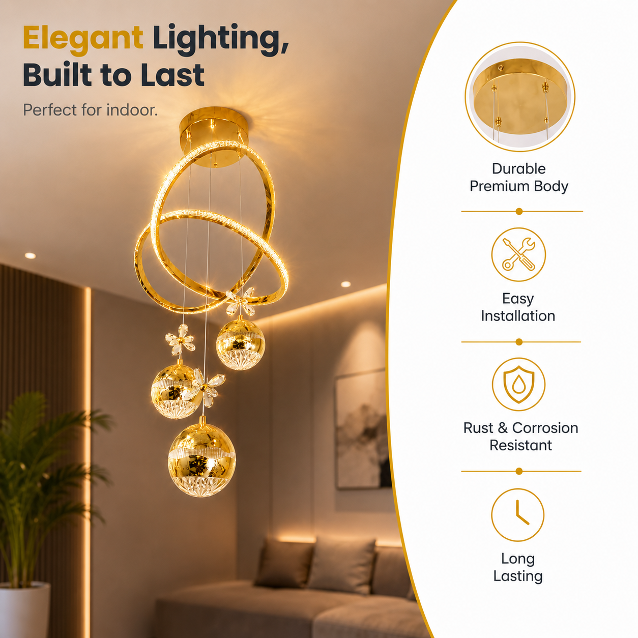 Gold chandelier in a room with text highlighting features like durability, installation ease, rust resistance, and longevity.