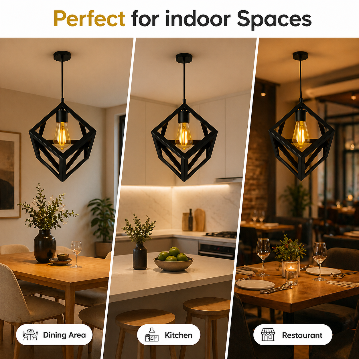 Black geometric pendant light in various indoor settings including a dining area, kitchen, and restaurant.