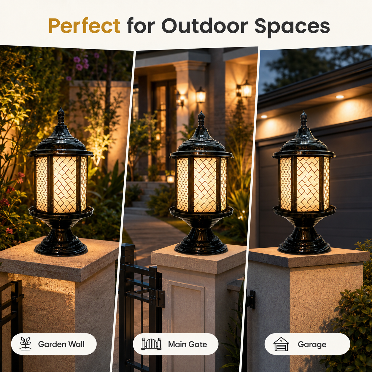 Decorative outdoor lamp with text 'Perfect for Outdoor Spaces' in a collage format.