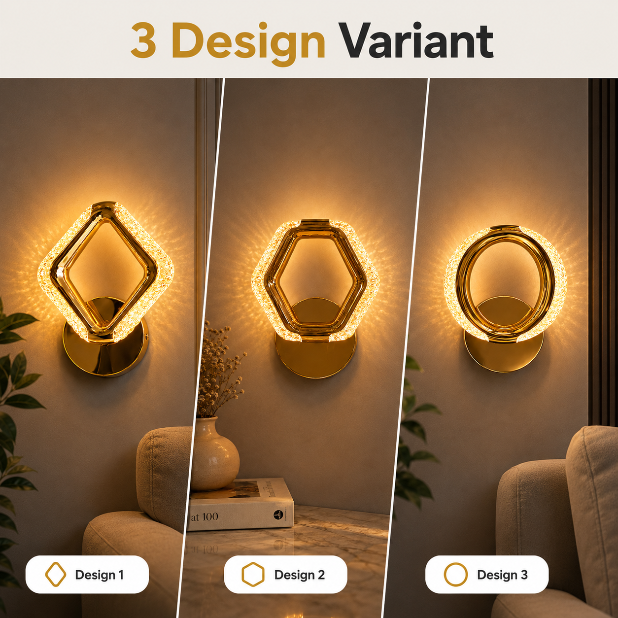 Three different designs of wall-mounted lights on a neutral background.