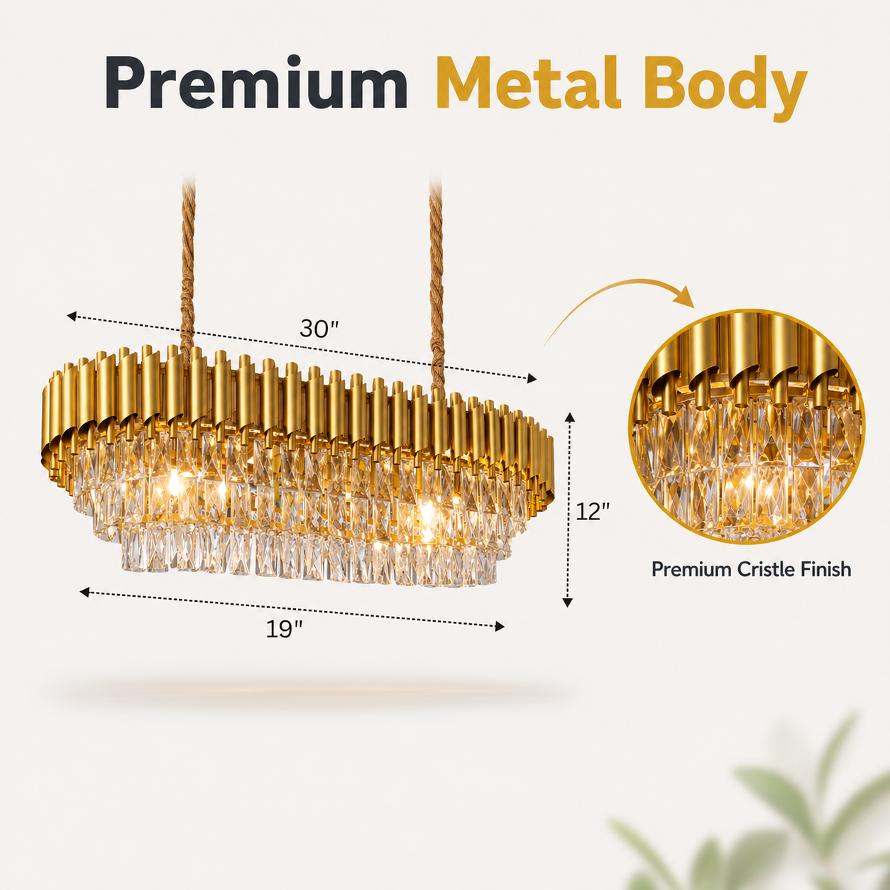 Gold chandelier with measurements and close-up of crystal details on a light background