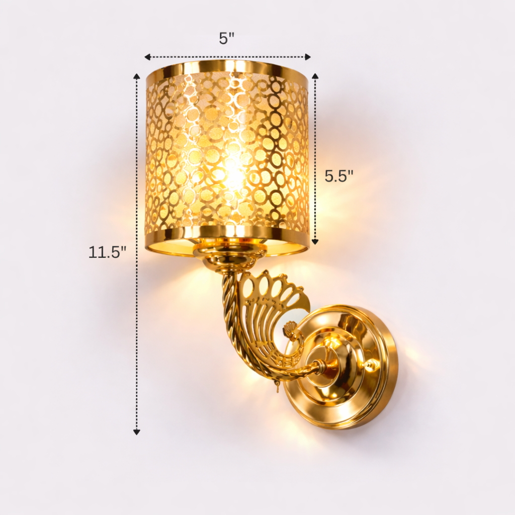 Gold wall sconce with dimensions labeled on a white background