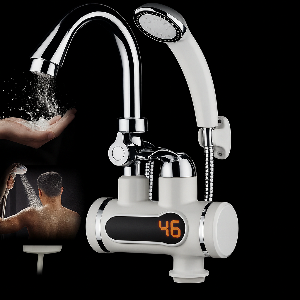 Chrome kitchen faucet with digital temperature display on a black background