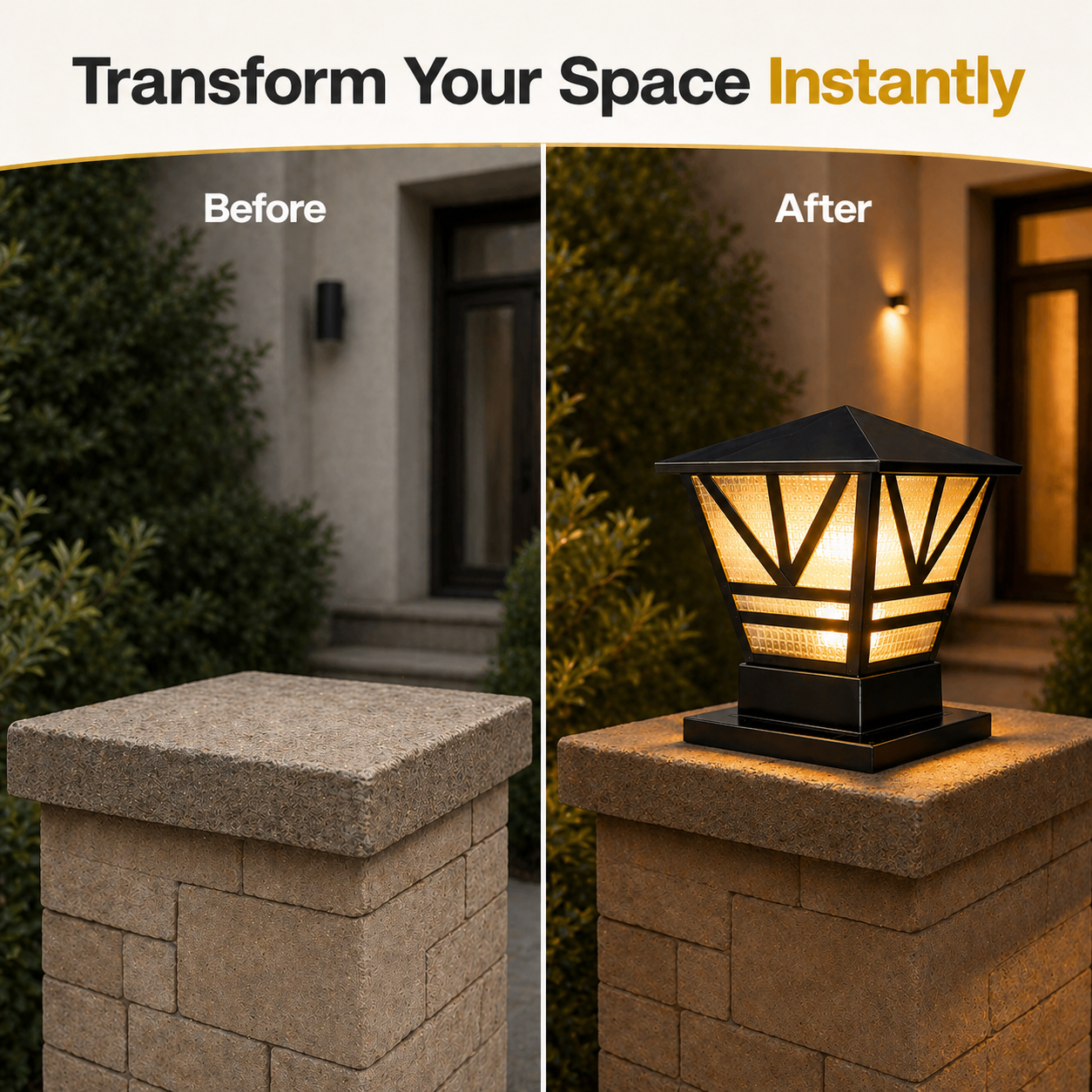 Before and after comparison of a stone pillar with a decorative outdoor light fixture.