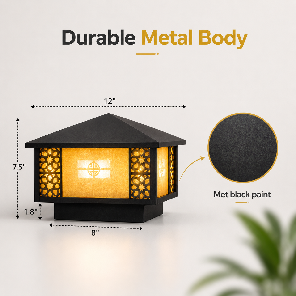 Black outdoor light fixture with dimensions and material details on a white background