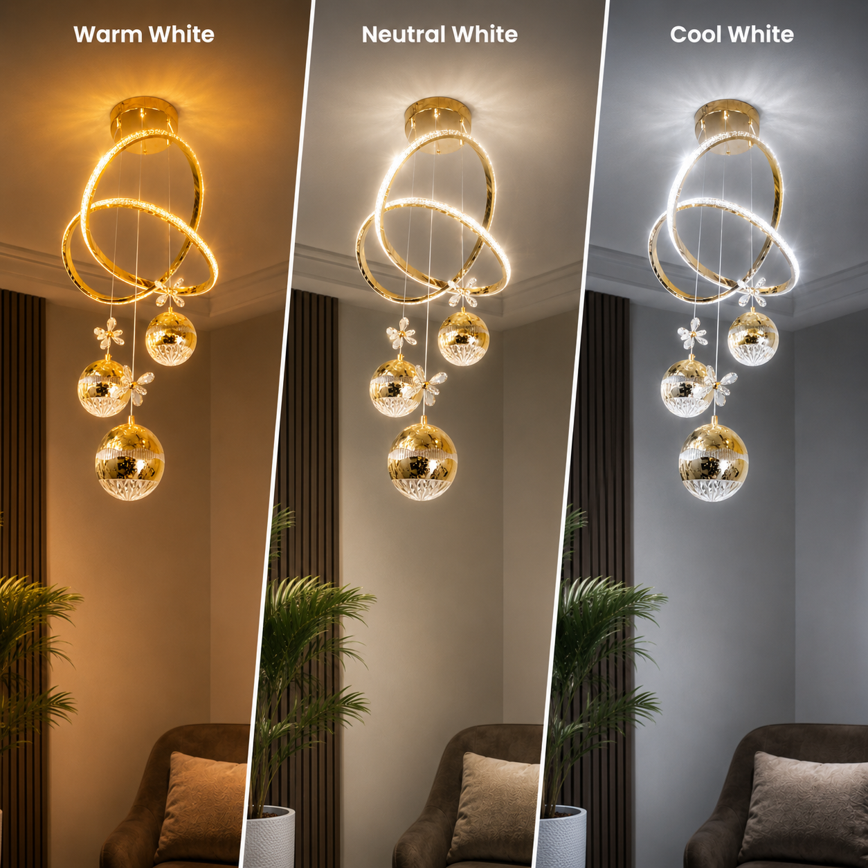 Ceiling light fixture with decorative elements shown in warm, neutral, and cool white lights.