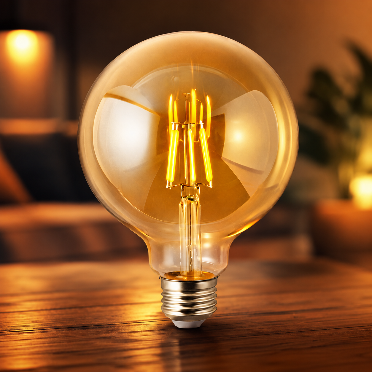 Vintage-style light bulb on a wooden surface with a warm glow