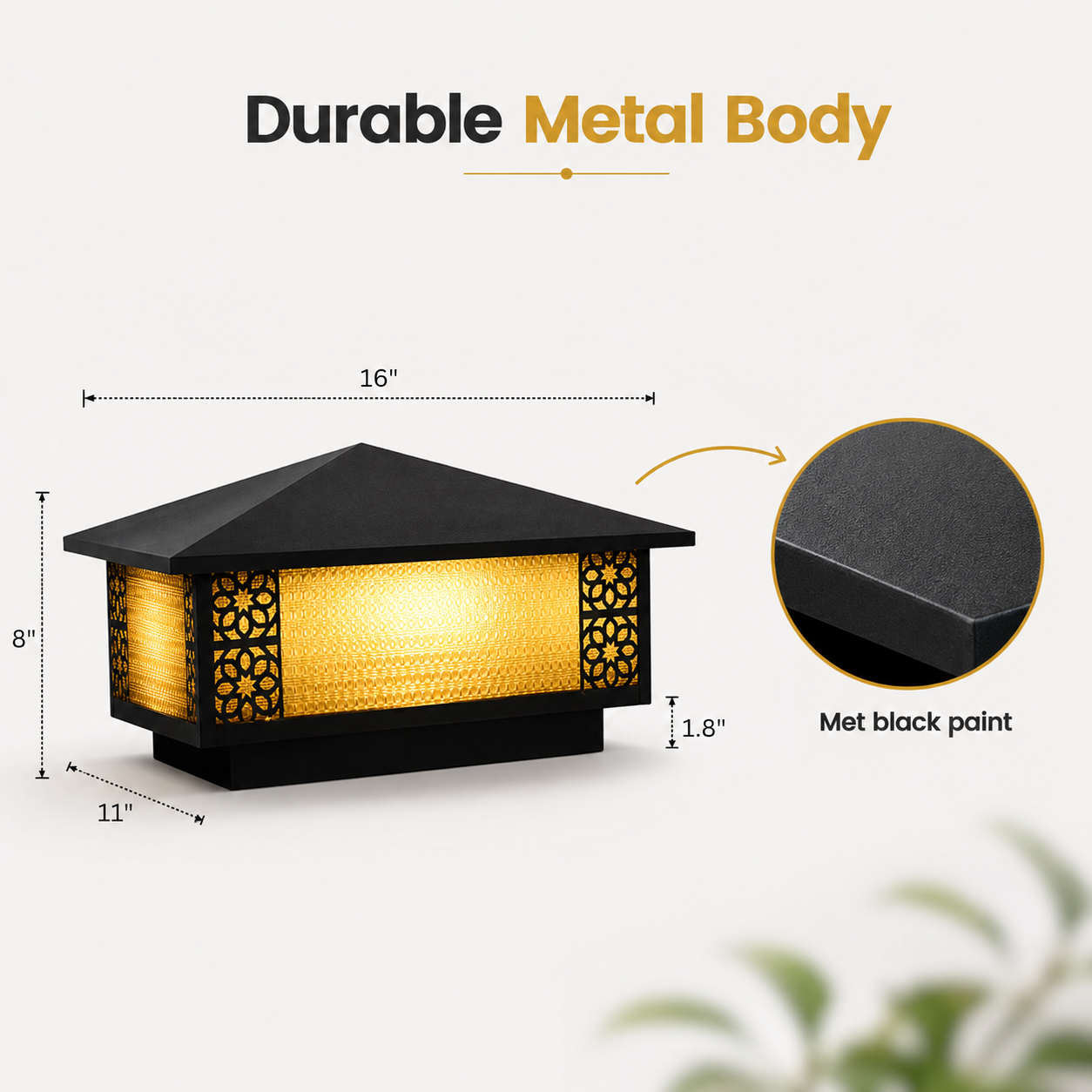 Black outdoor lamp with dimensions and material details on a white background