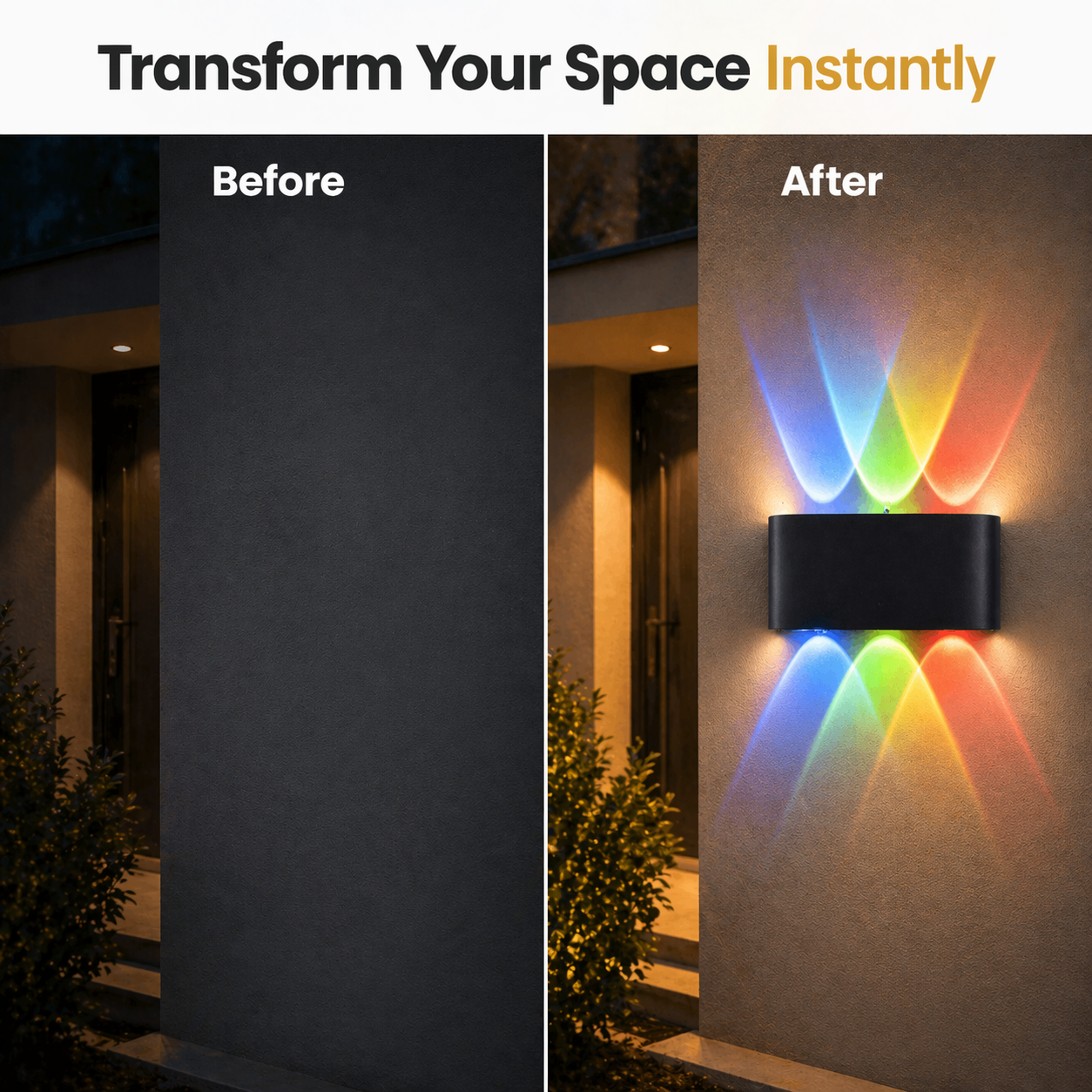 Before and after comparison of a wall light fixture with colorful light projection.